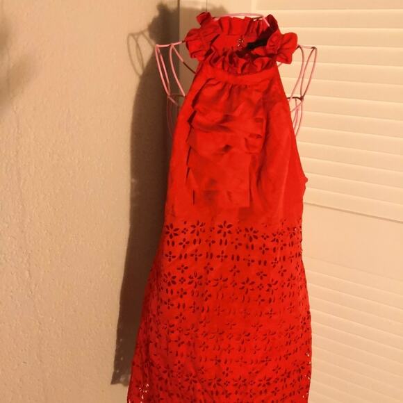 Double Zero Red Embroidered Ruffle Tier Halter Dress L Balletcore Cherry Girl - Picture 1 of 7